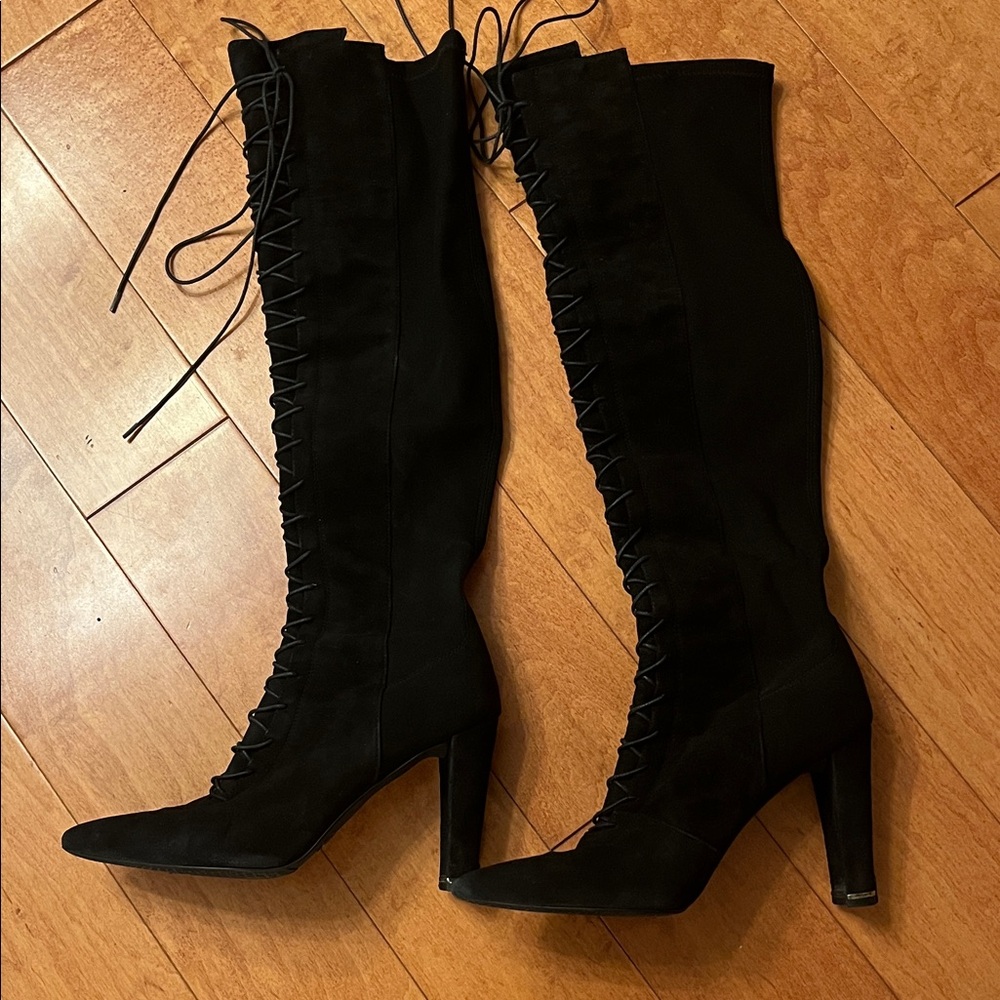 Stuart Weitzman black suede lace up knee high boots with stretch fabric